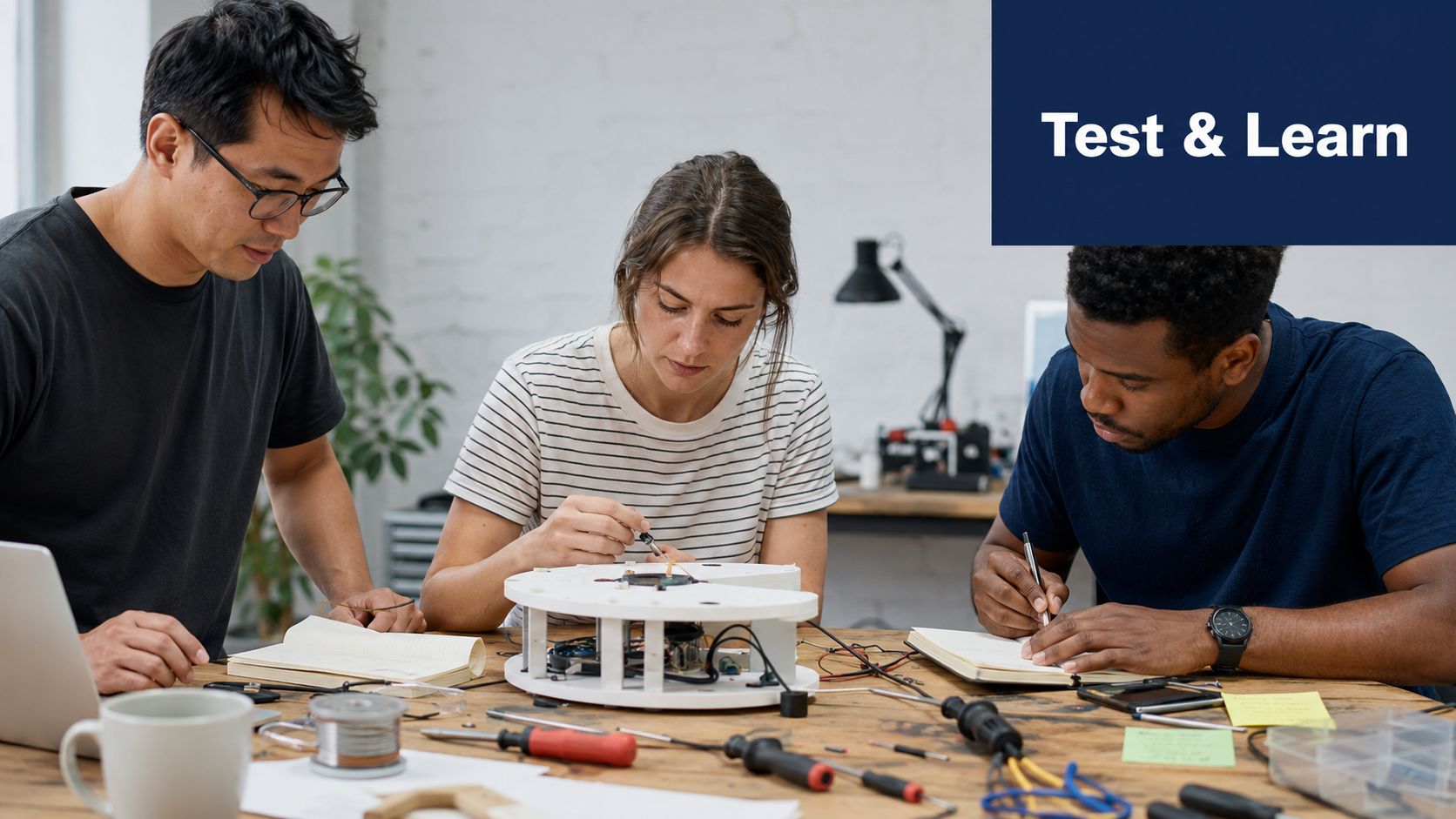 A team of diverse colleagues collaborating on a technical engineering project in a bright creative studio workspace.