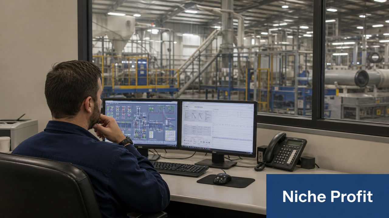 A professional technician monitors industrial manufacturing processes on two computer screens inside an office overlooking a warehouse factory floor.