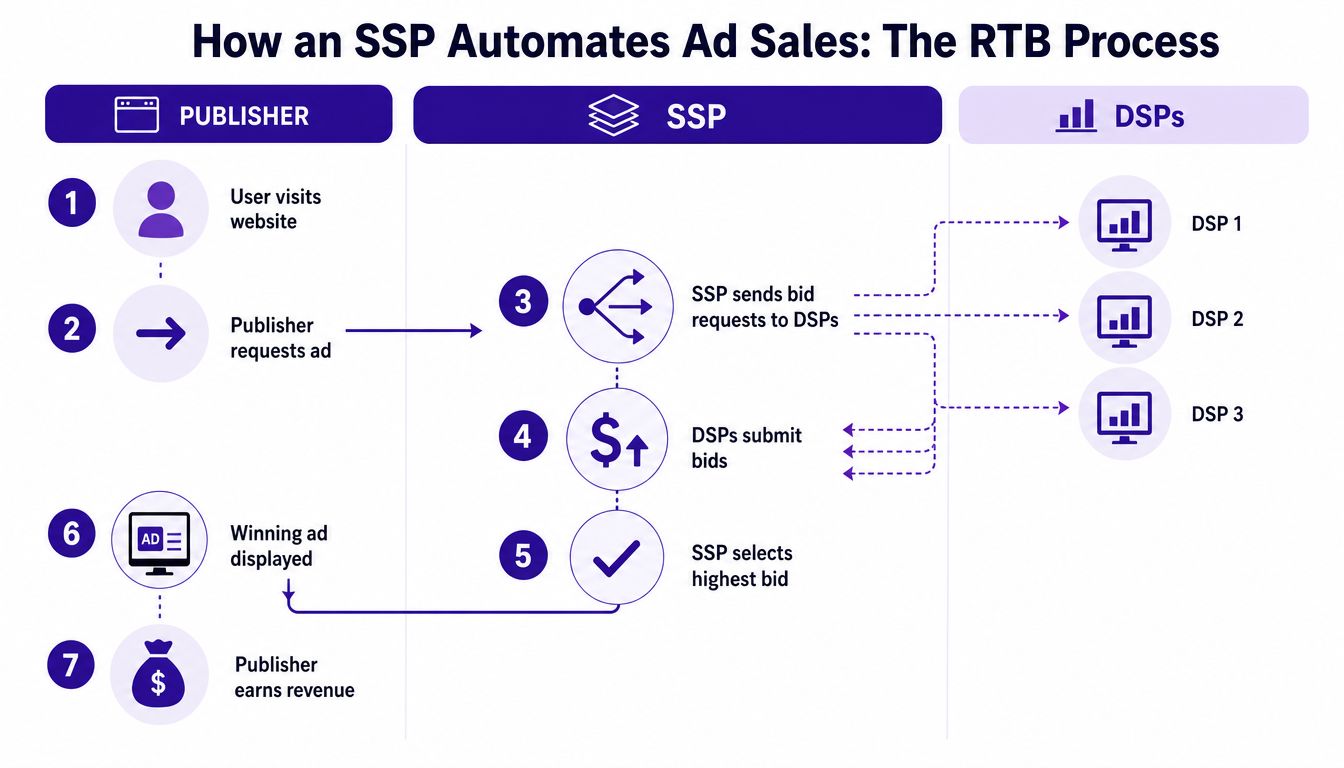 A diagram illustrating the Real-Time Bidding process where a Supply Side Platform automates ad sales between publishers and DSPs.