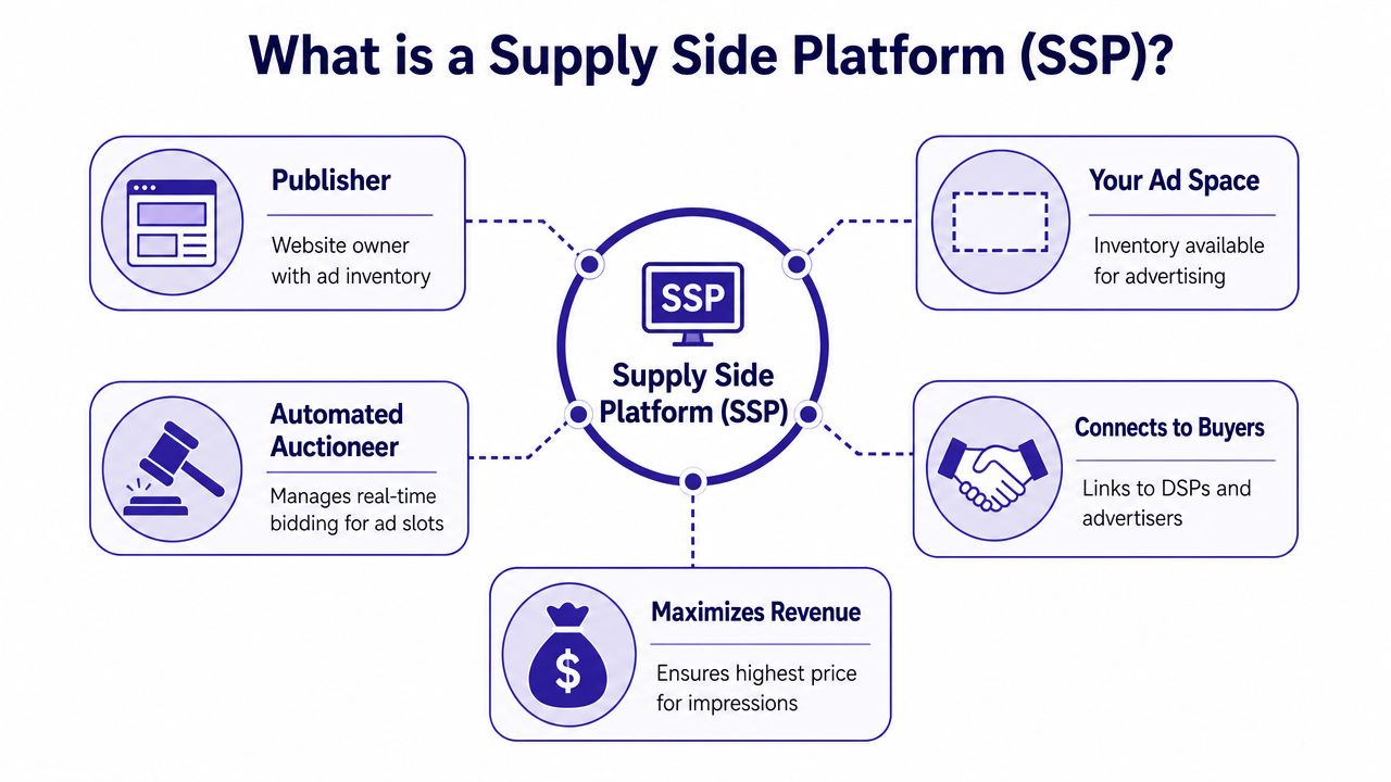 A diagram explaining the role of a Supply Side Platform in managing advertising inventory and revenue.