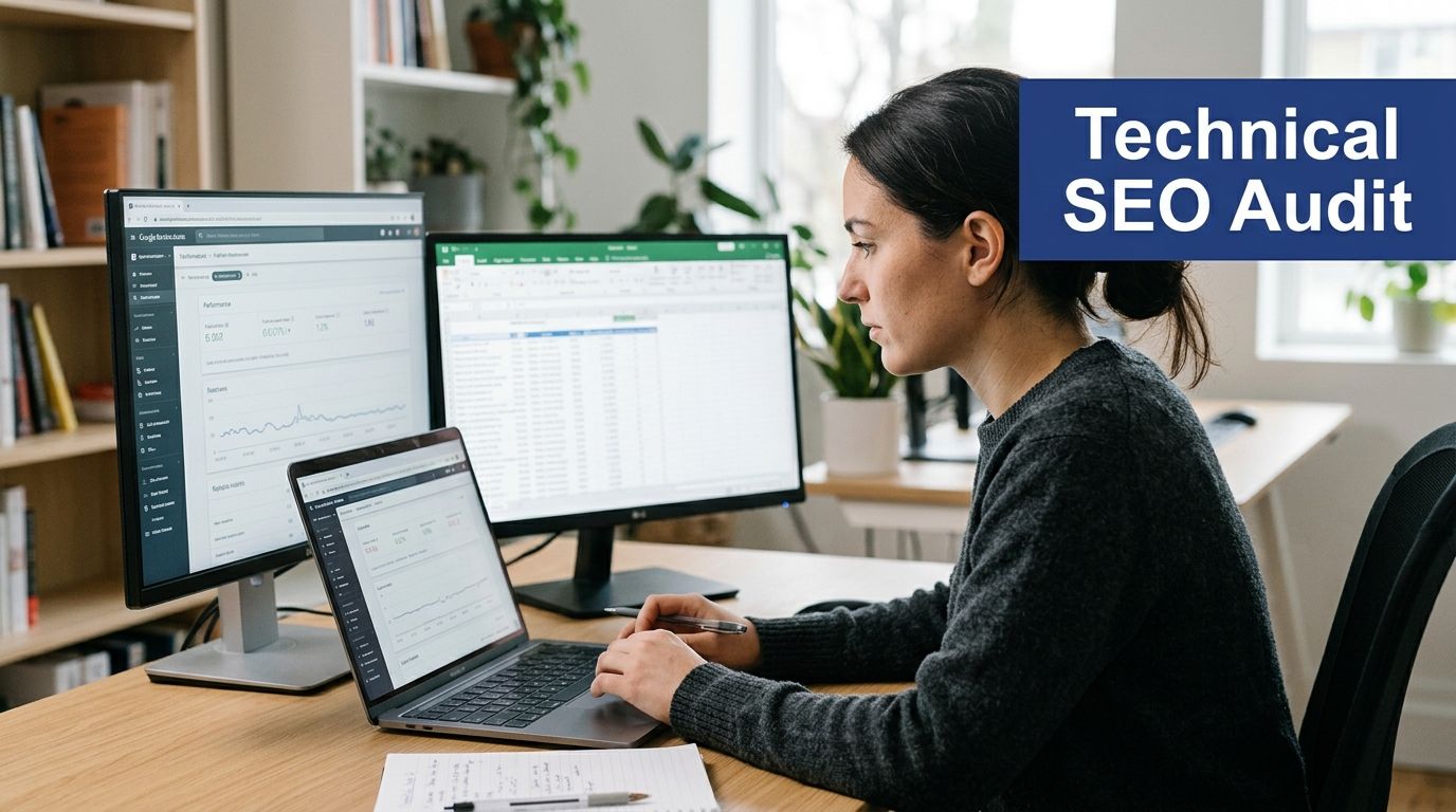 A professional analyzing data on multiple screens while performing a comprehensive technical SEO website audit task.