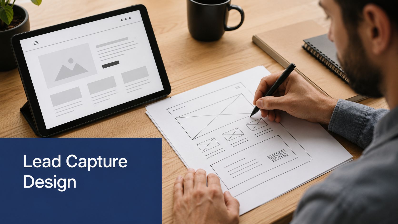 A professional designer sketching a website wireframe on paper while working on a laptop at their desk.
