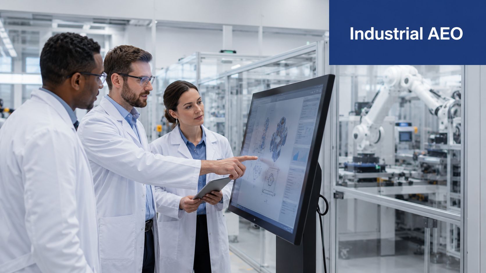 Three professionals in lab coats reviewing a technical engineering design on a digital display in a factory.