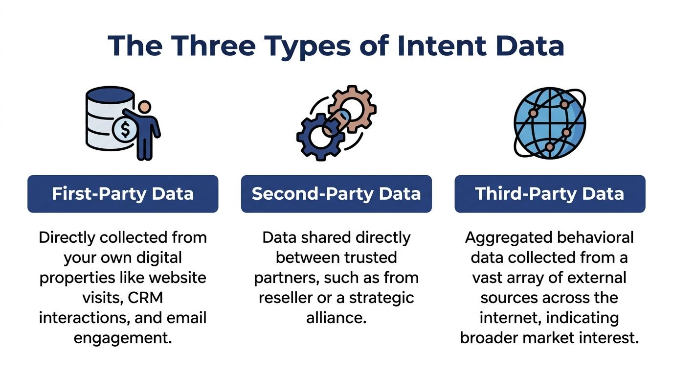 An infographic titled The Three Types of Intent Data, explaining first-party, second-party, and third-party data.
