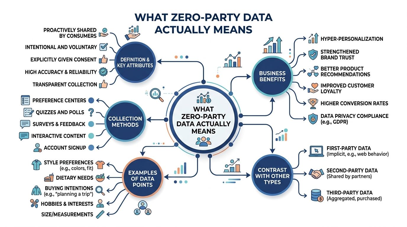 An informative infographic illustrating the concept of zero-party data, including its definition, collection methods, benefits, and examples.