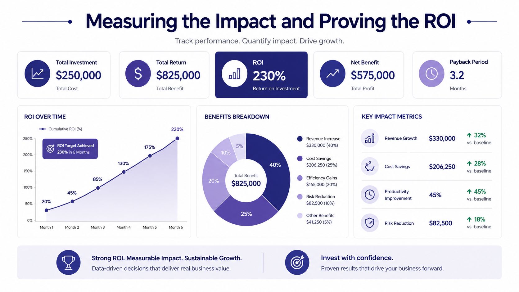 An infographic showing business ROI metrics, including total investment, benefit breakdown, and performance growth charts.