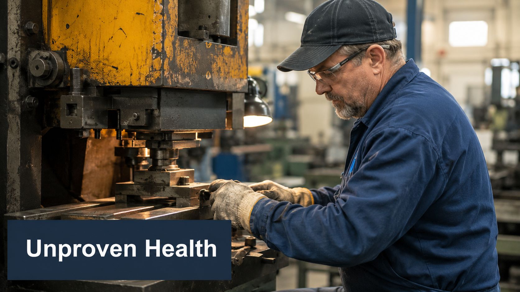 A skilled machinist wearing safety glasses and work gloves operating an industrial metal press in a factory.