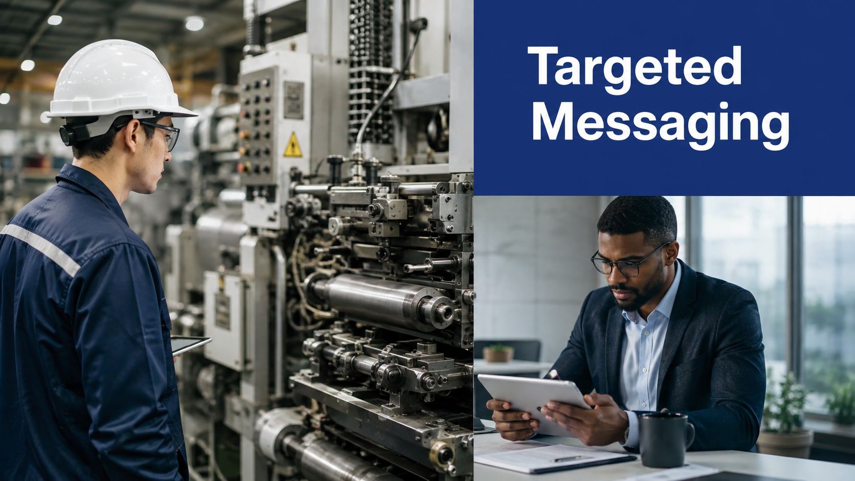 A factory worker and an office professional both using tablets to represent targeted B2B messaging.