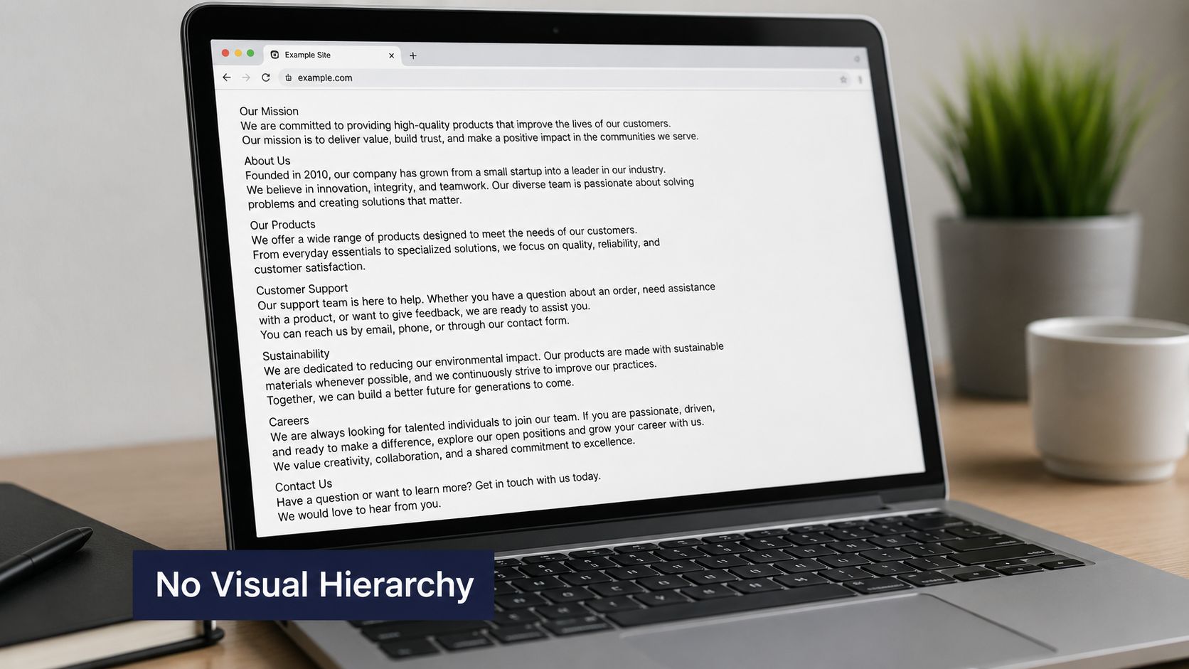 A laptop screen displaying a webpage with plain text lacking visual hierarchy and clear layout design.