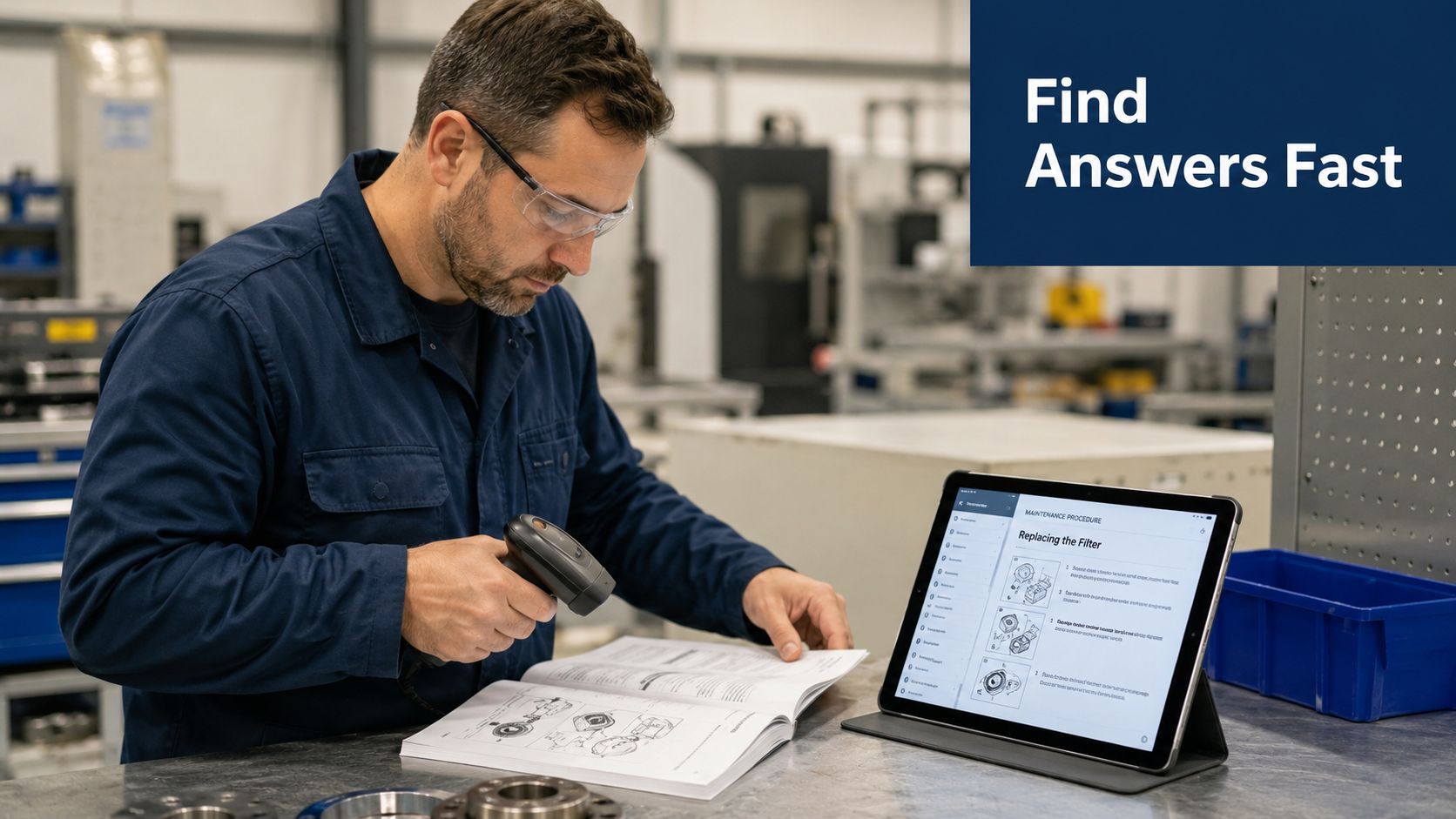 A technician using a barcode scanner on a manual while viewing digital maintenance instructions on a tablet.