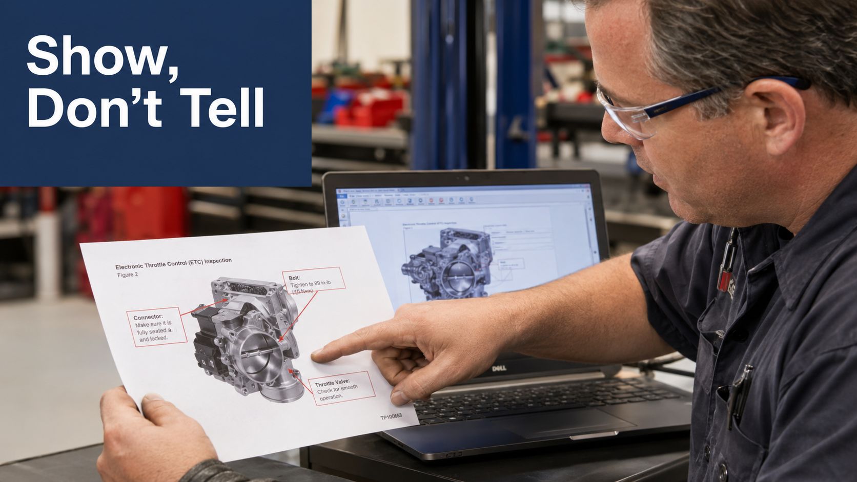 A technician holds a printed guide while pointing at an electronic throttle control inspection diagram.