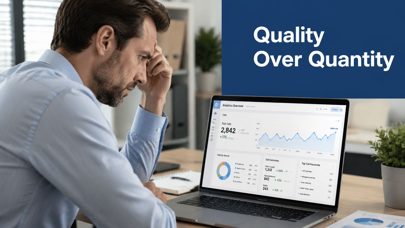 A concerned businessman looking at a laptop screen displaying marketing analytics, focusing on call tracking data.