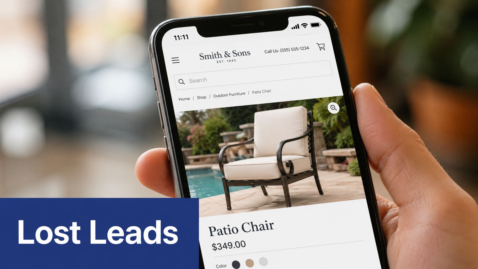 A person holding a smartphone showing a patio chair product page on an e-commerce website.