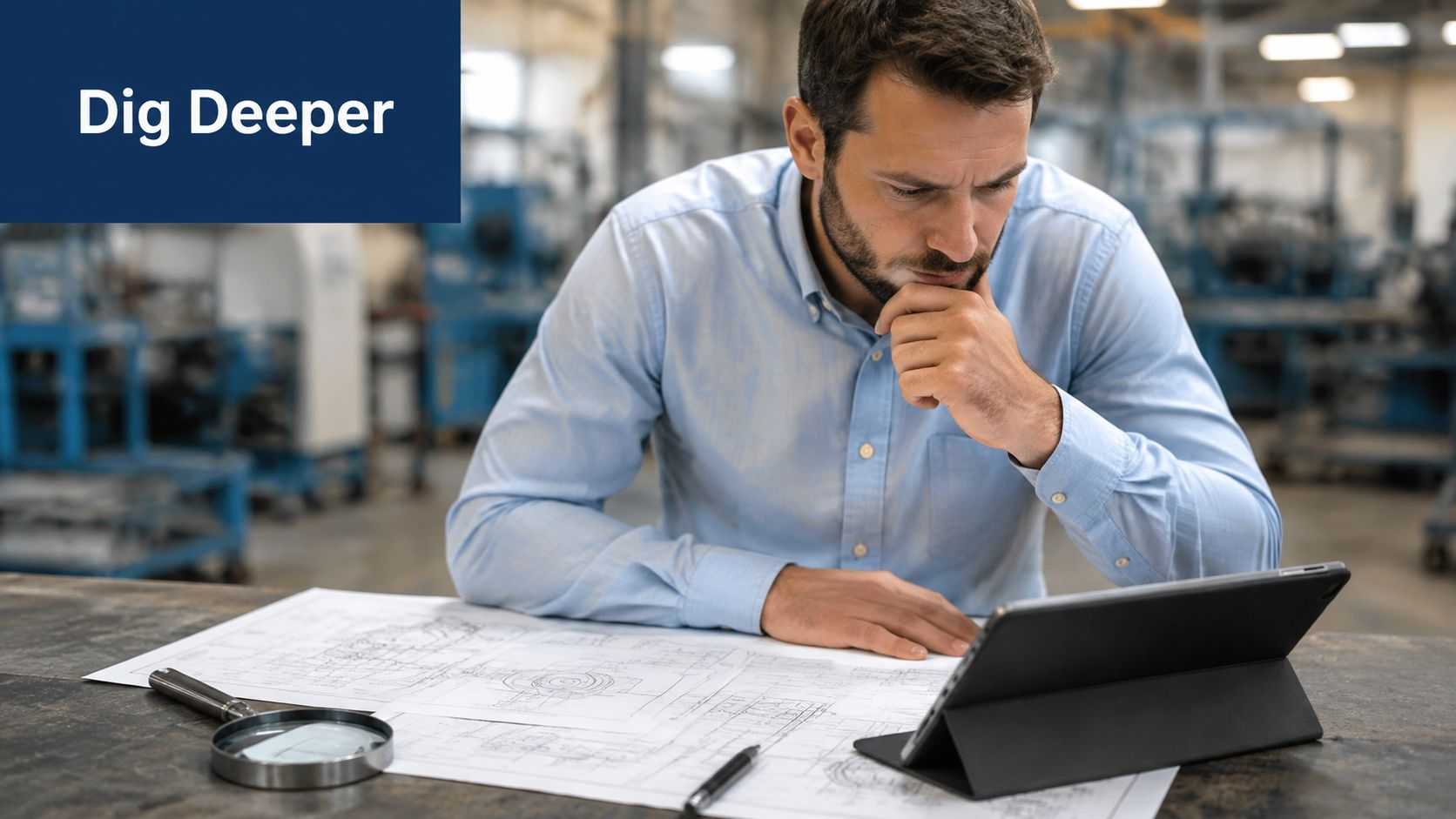 A professional man in a factory setting reviews engineering blueprints on a tablet while thinking deeply.