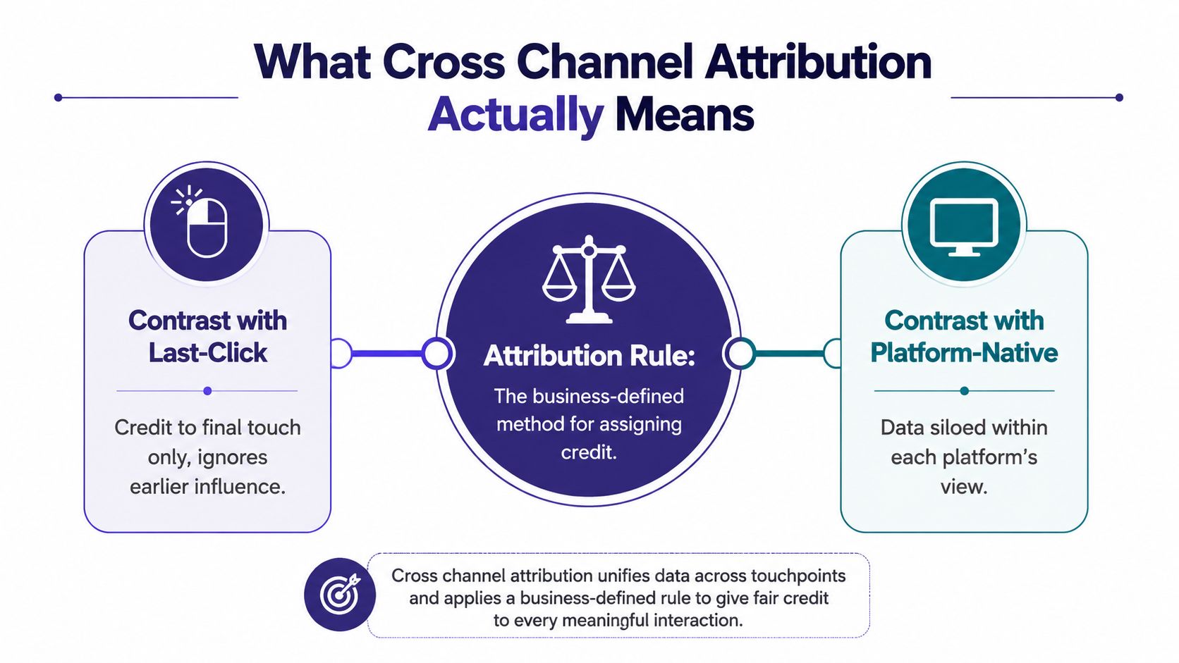 A diagram explaining cross channel attribution by contrasting it with last-click and platform-native tracking methods.