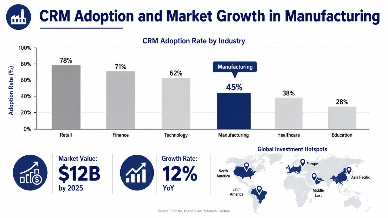 A chart showing CRM adoption rates across various industries compared with market growth in the manufacturing sector.