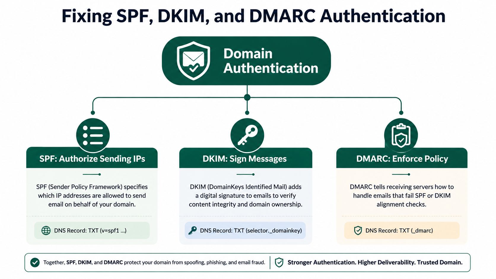 A diagram explaining email authentication protocols including SPF, DKIM, and DMARC to improve domain security and deliverability.