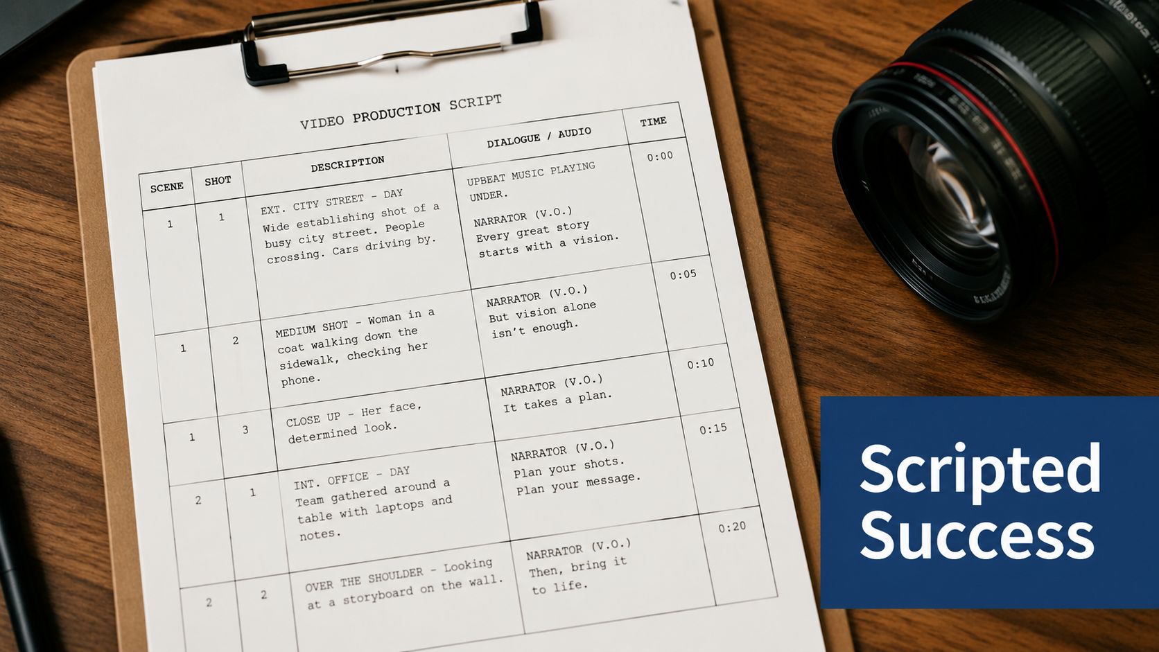 A printed video production script on a clipboard next to a professional camera lens on a desk.