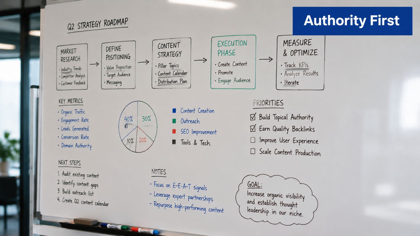 A whiteboard displaying a Q2 strategy roadmap for SEO, highlighting content creation, measurement, and topical authority goals.
