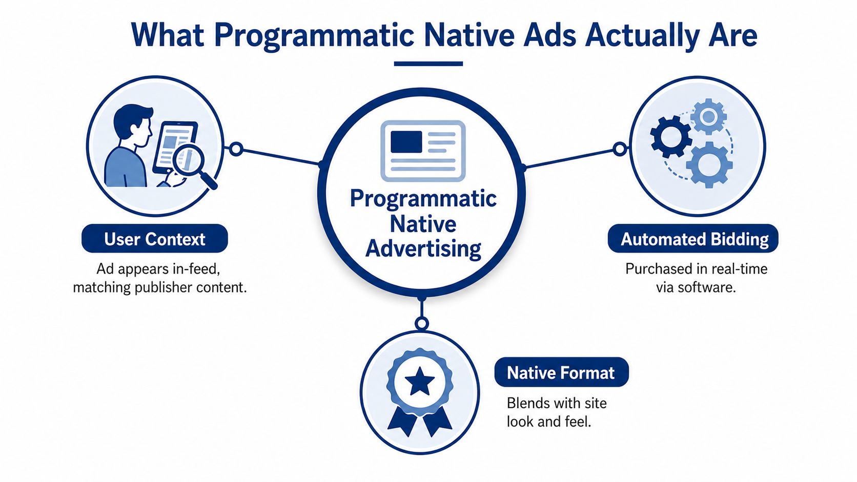 A diagram explaining programmatic native advertising, highlighting user context, automated bidding, and native ad formats.