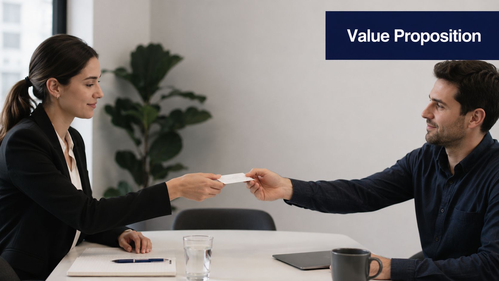 A professional woman in a suit hands a business card to a man across a meeting table.
