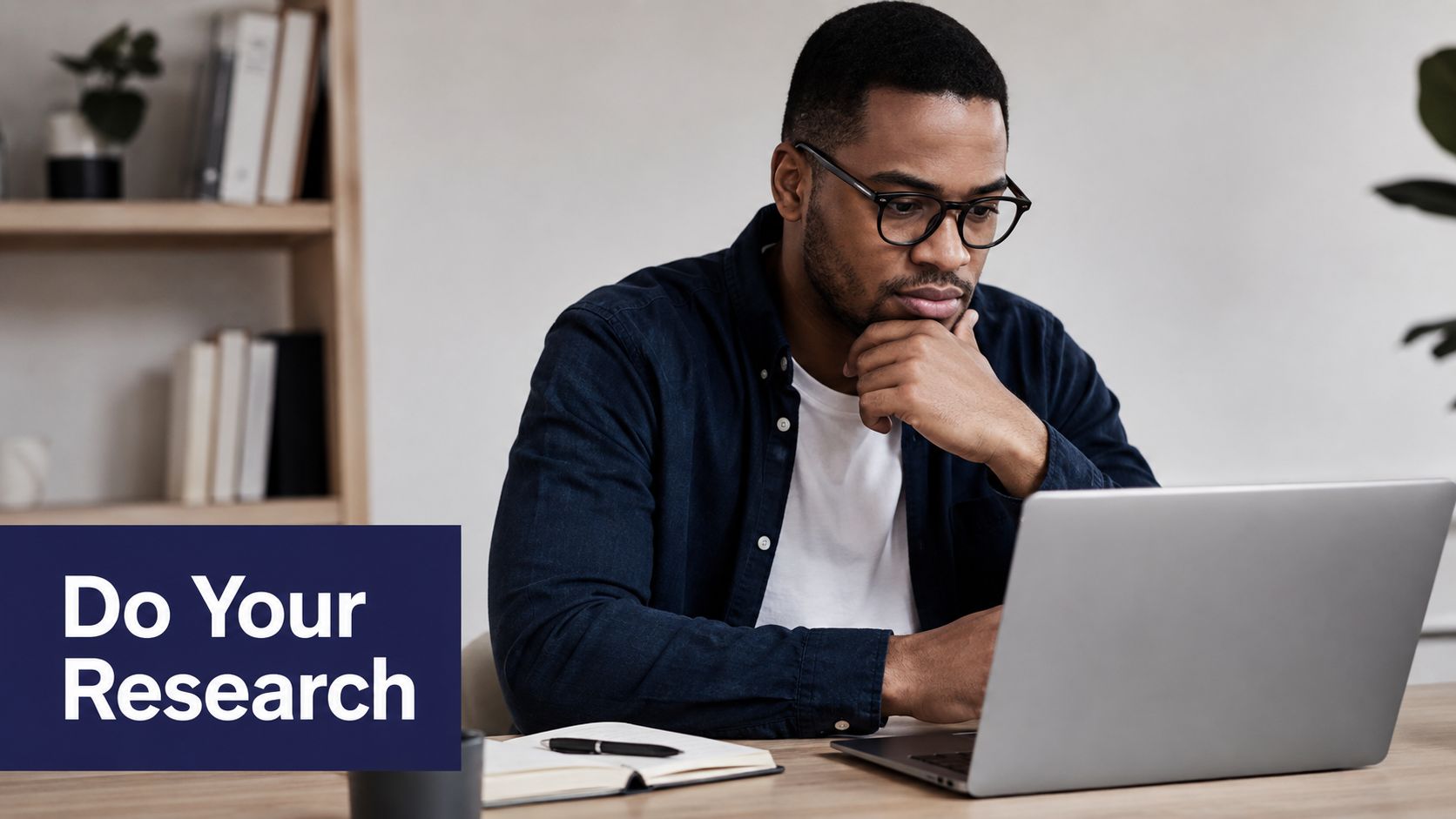 A focused man wearing glasses uses his laptop while researching at a desk with a notebook.