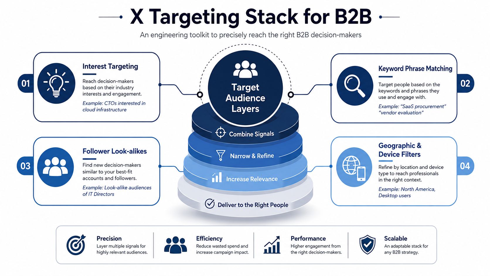 A diagram illustrating the X B2B targeting stack strategy, showing how various audience layers combine for effective marketing.