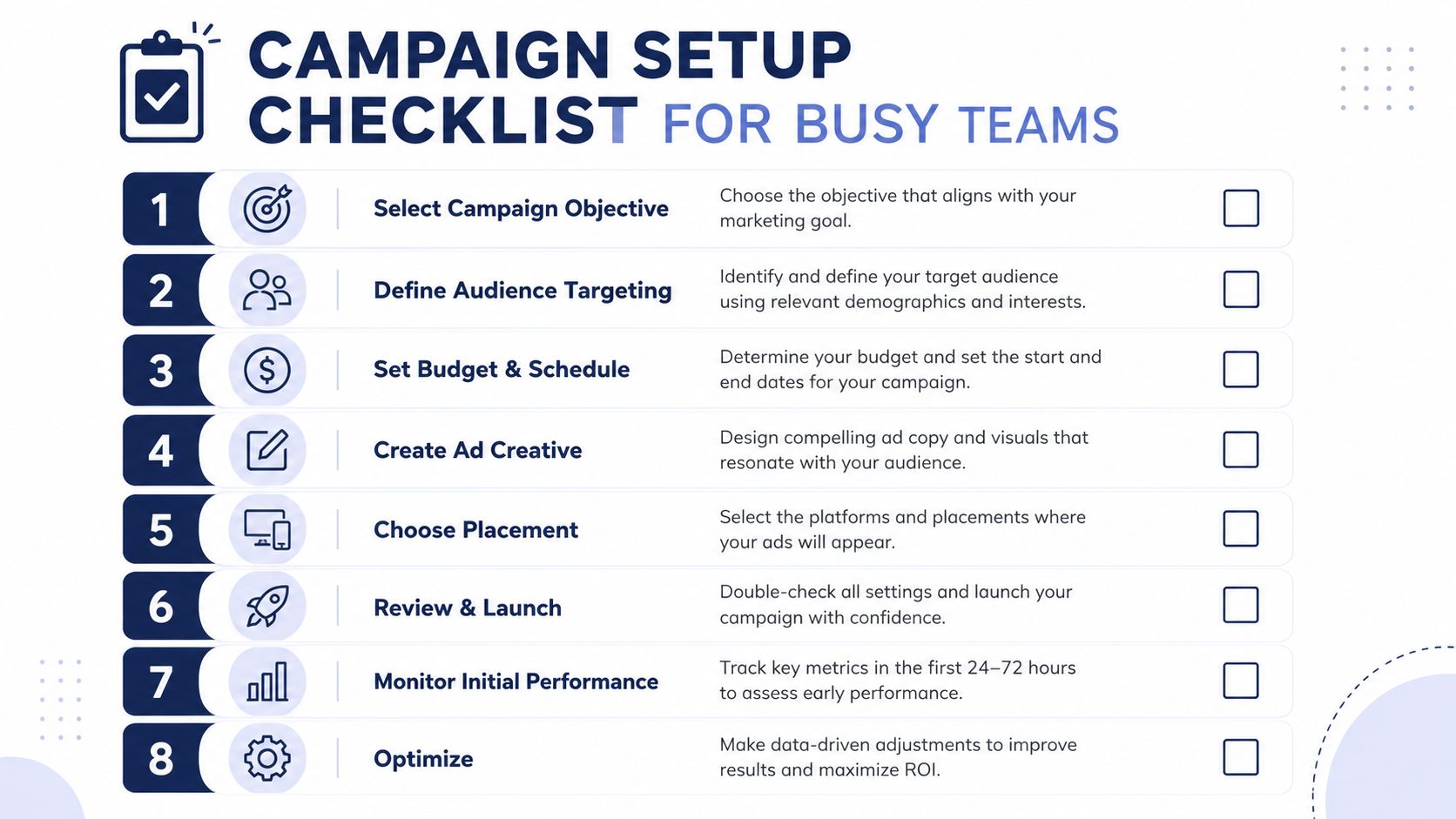 A professional 8-step checklist for busy marketing teams to successfully set up and optimize digital ad campaigns.