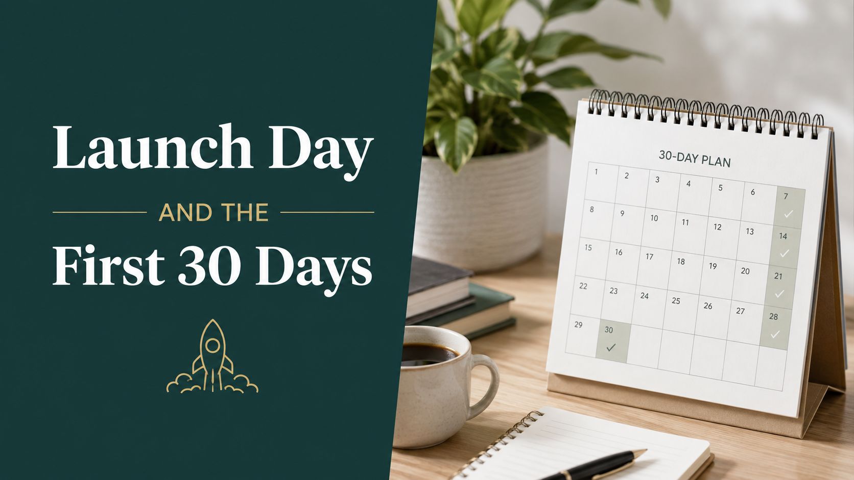 A desktop calendar with a 30-day plan and a rocket icon symbolizing a business launch project.
