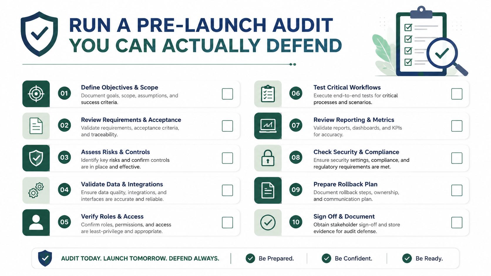 A checklist graphic illustrating ten key steps for conducting a comprehensive pre-launch audit for digital projects.