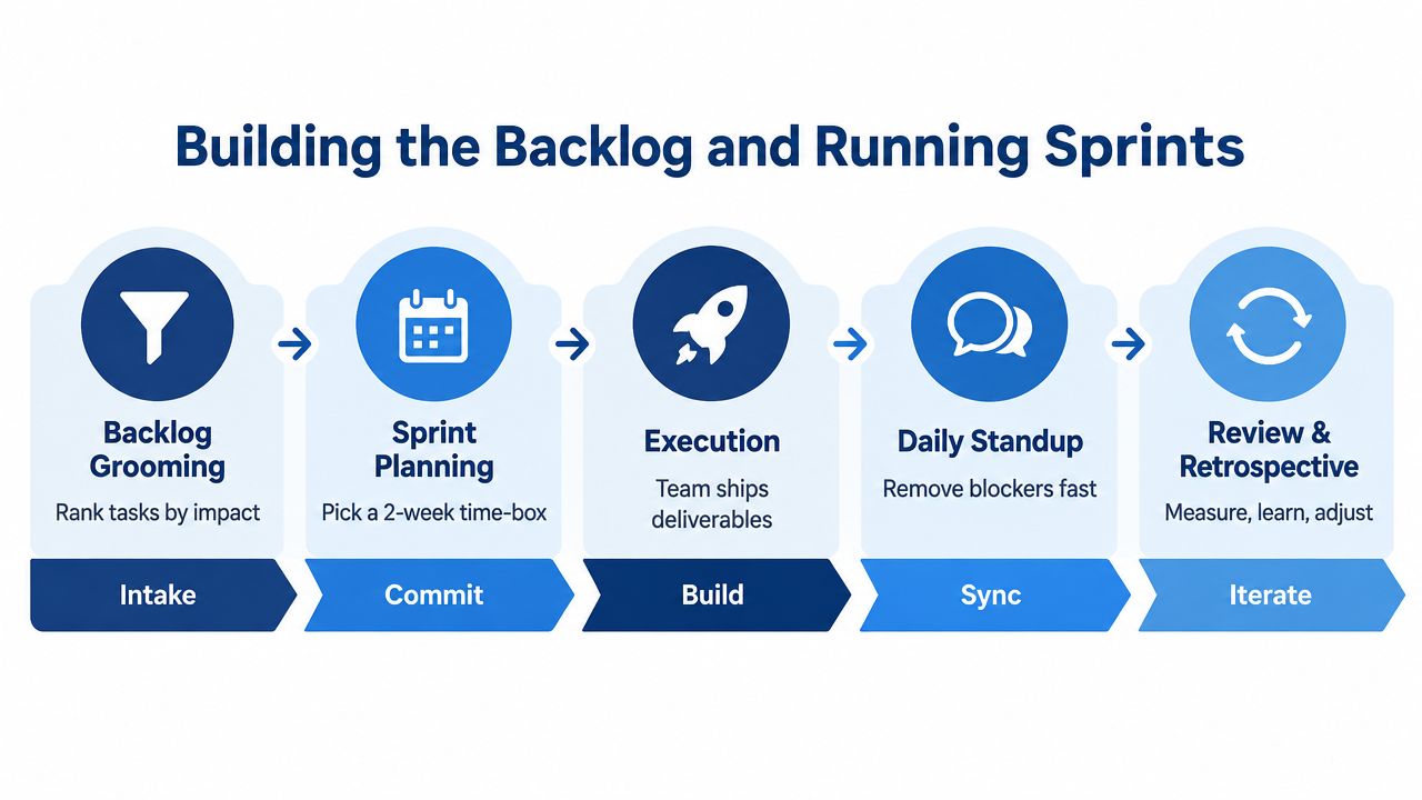 A process diagram showing five steps for building a backlog and running agile sprints for teams.