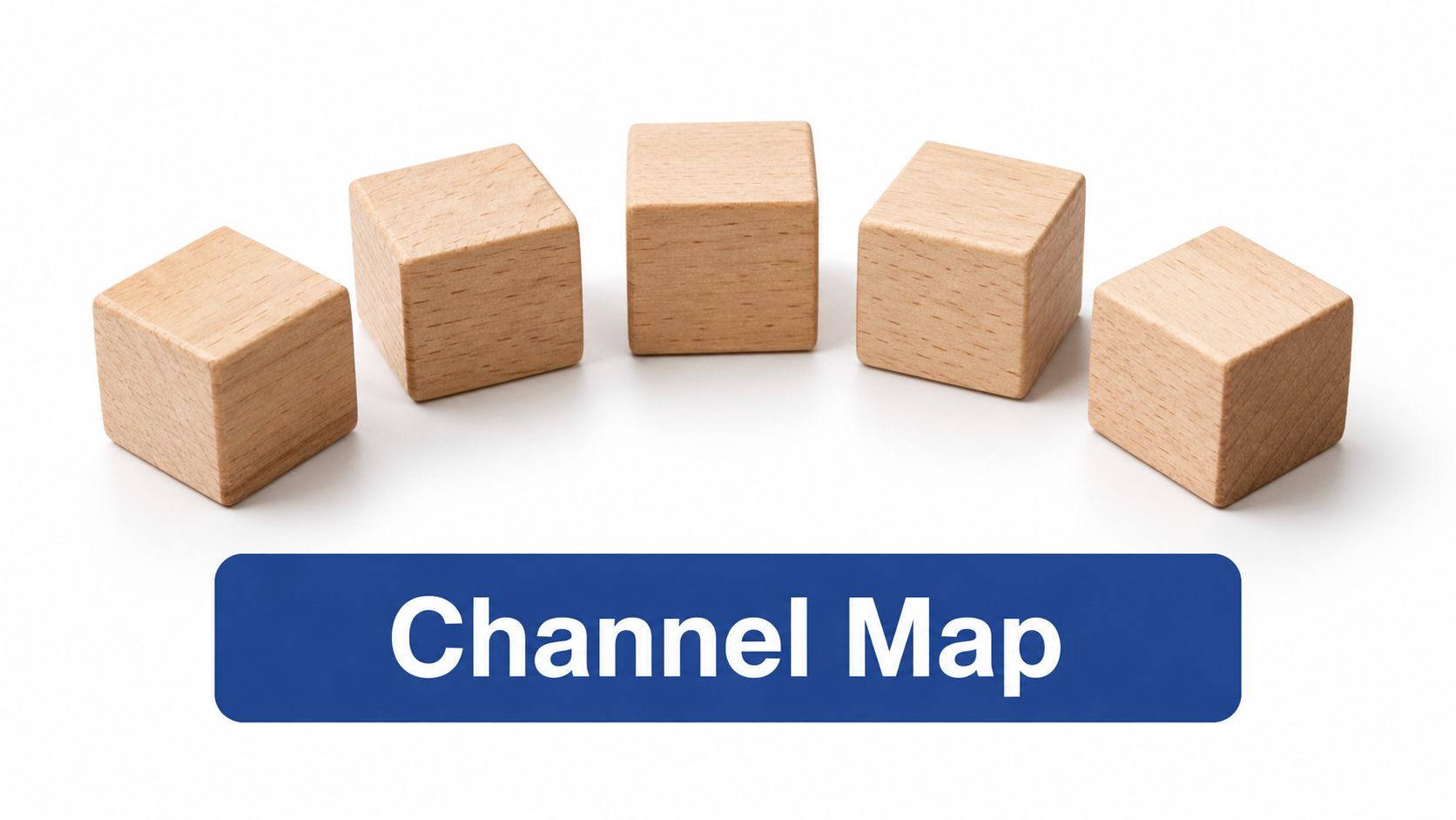 A row of five wooden cubes arranged in an arc above a blue banner labeled Channel Map.
