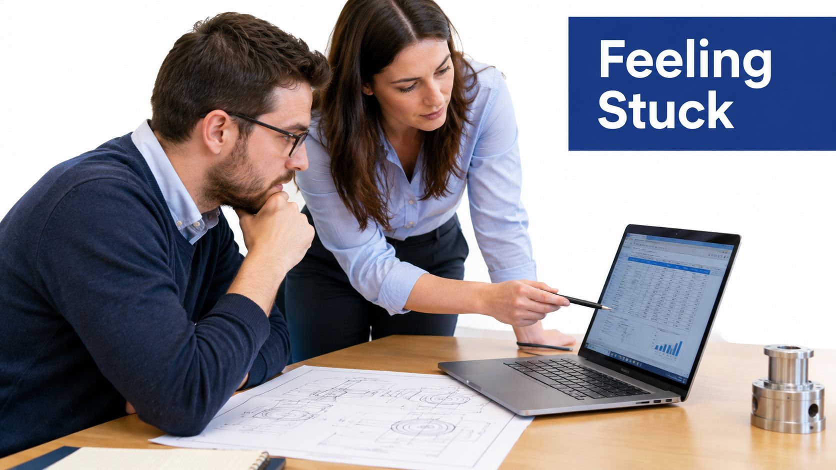 A professional man and woman collaborating on an industrial engineering project at a desk with a laptop.