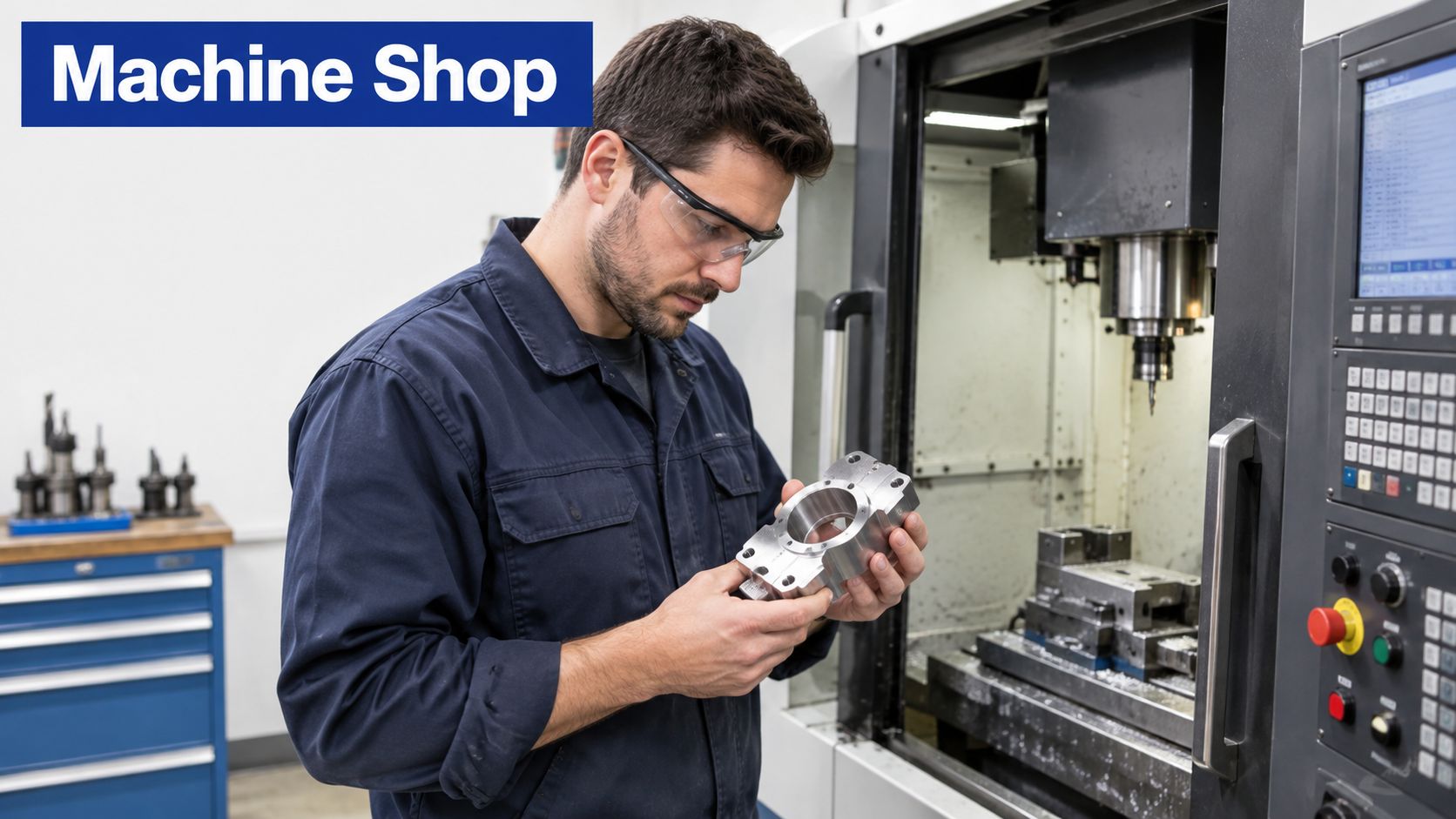 A skilled machinist wearing safety glasses inspecting a precision machined metal part in a workshop.