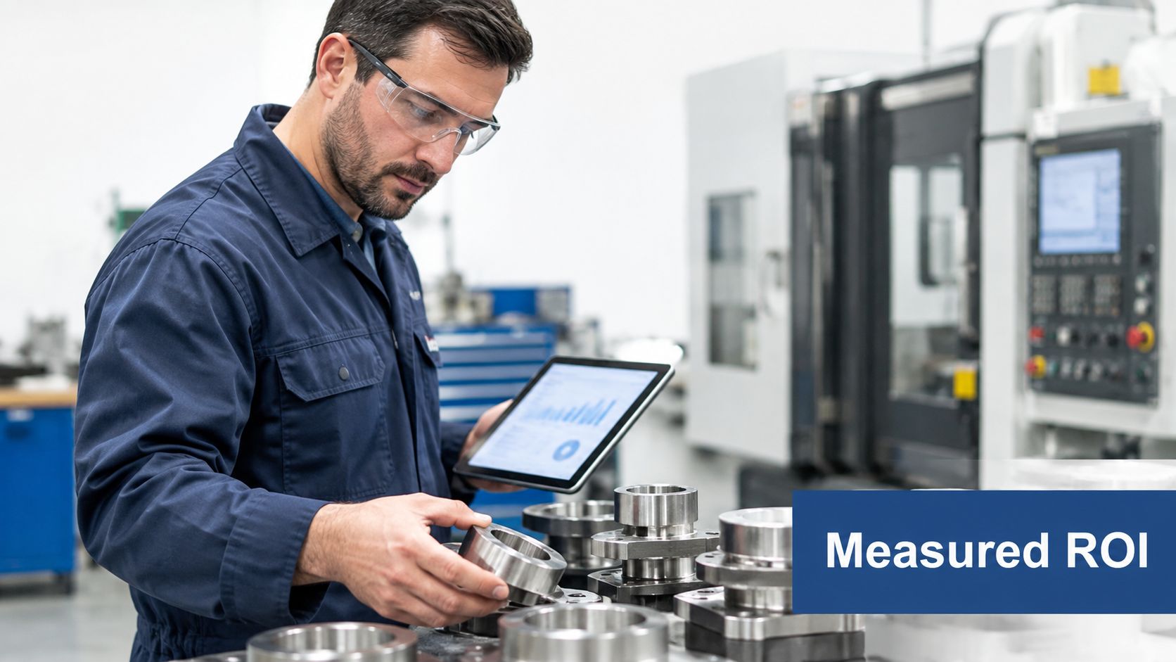 A quality control technician in a factory inspecting metallic machine parts while viewing data on a digital tablet.