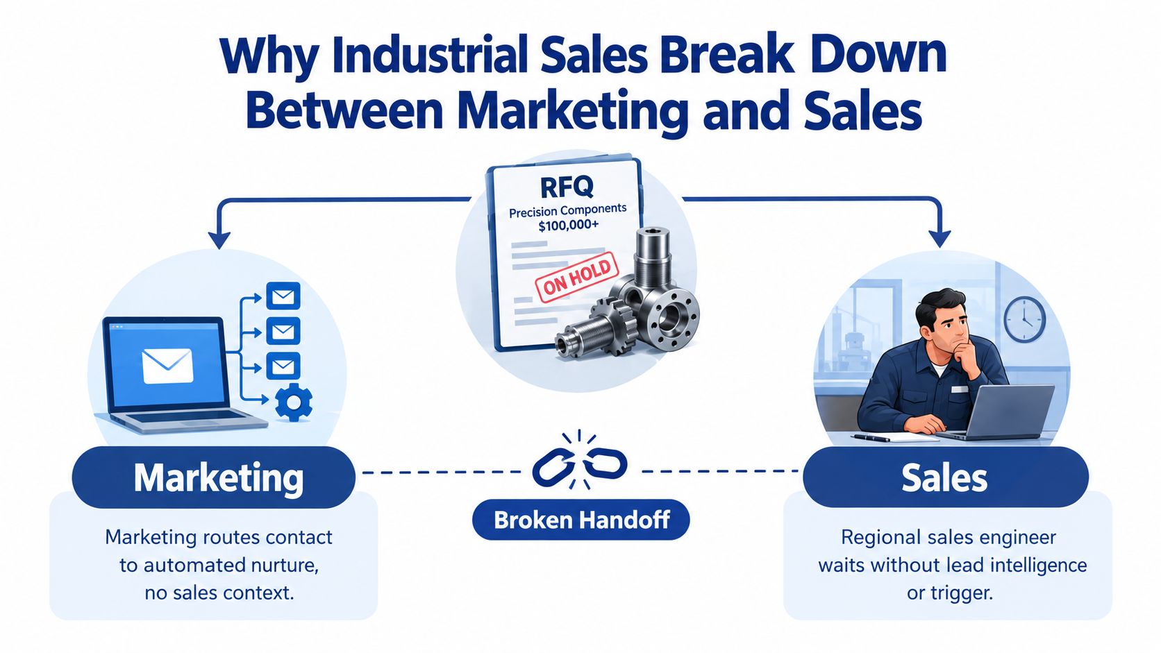 A diagram illustrating the breakdown in industrial sales communication between marketing automation and the regional sales team.