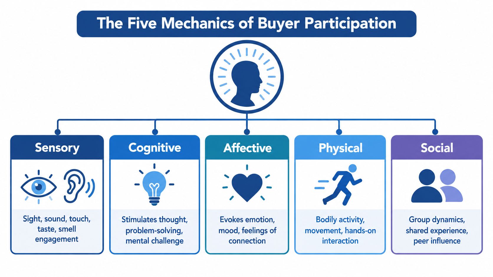 A diagram illustrating the five mechanics of buyer participation: sensory, cognitive, affective, physical, and social.