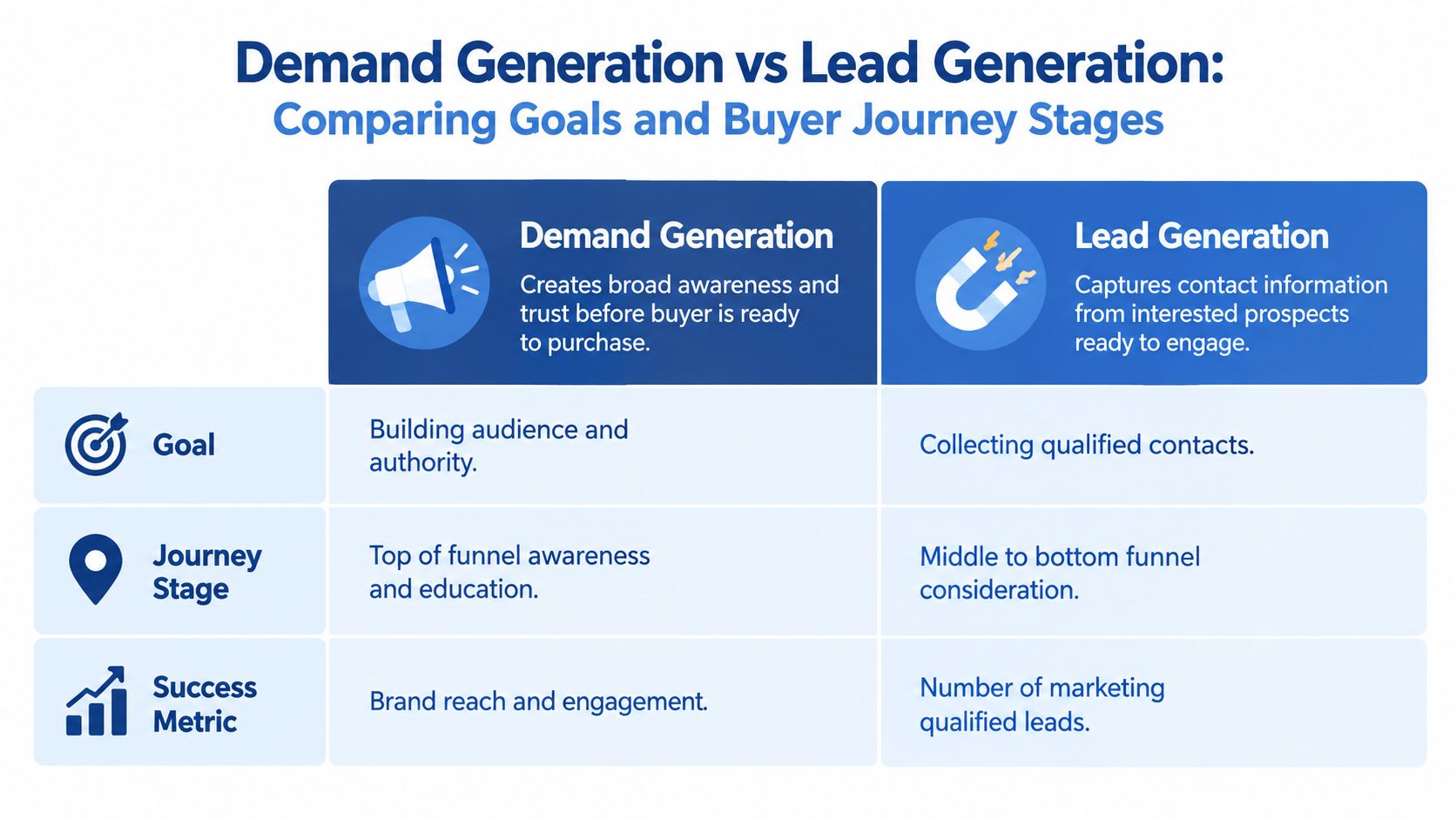 A comparison chart outlining the key differences between demand generation and lead generation marketing strategies.