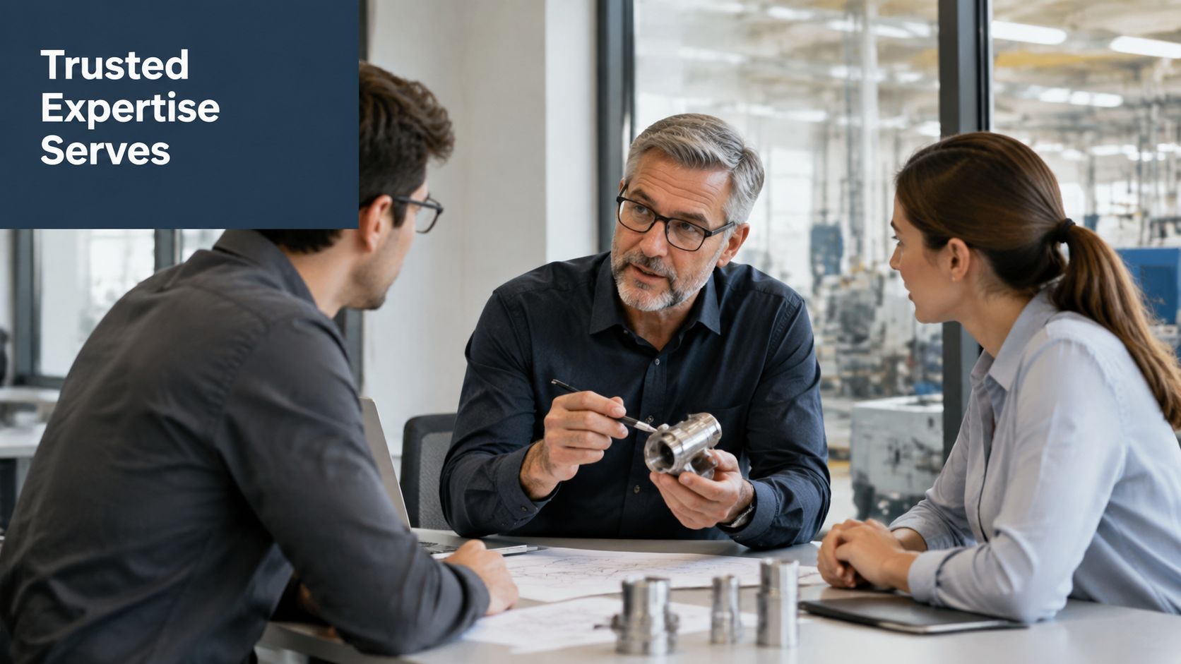 A professional mentor explains a technical metal component to two colleagues in a modern engineering office.