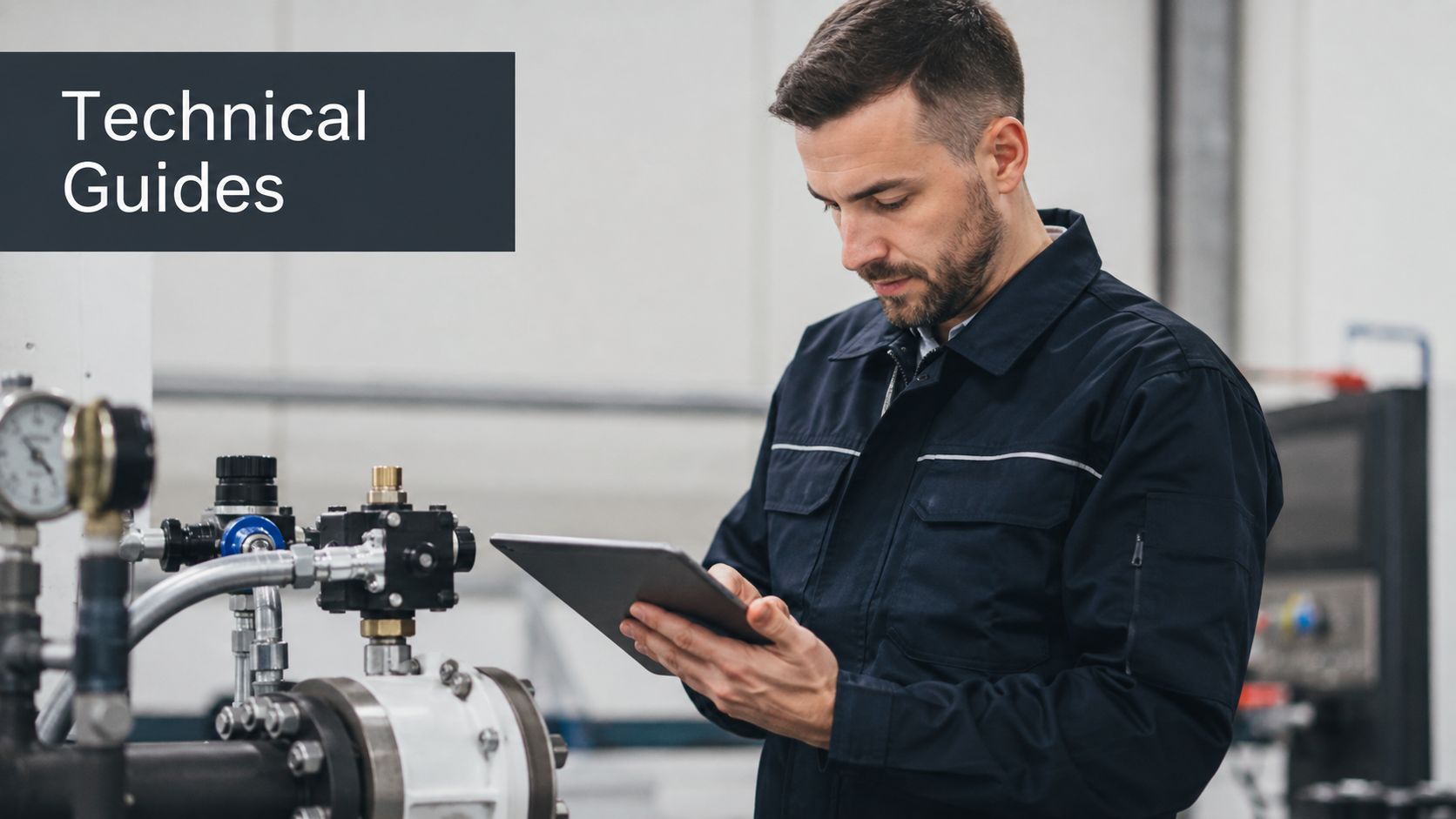 A technician wearing a dark uniform uses a tablet to inspect industrial equipment in a factory setting.