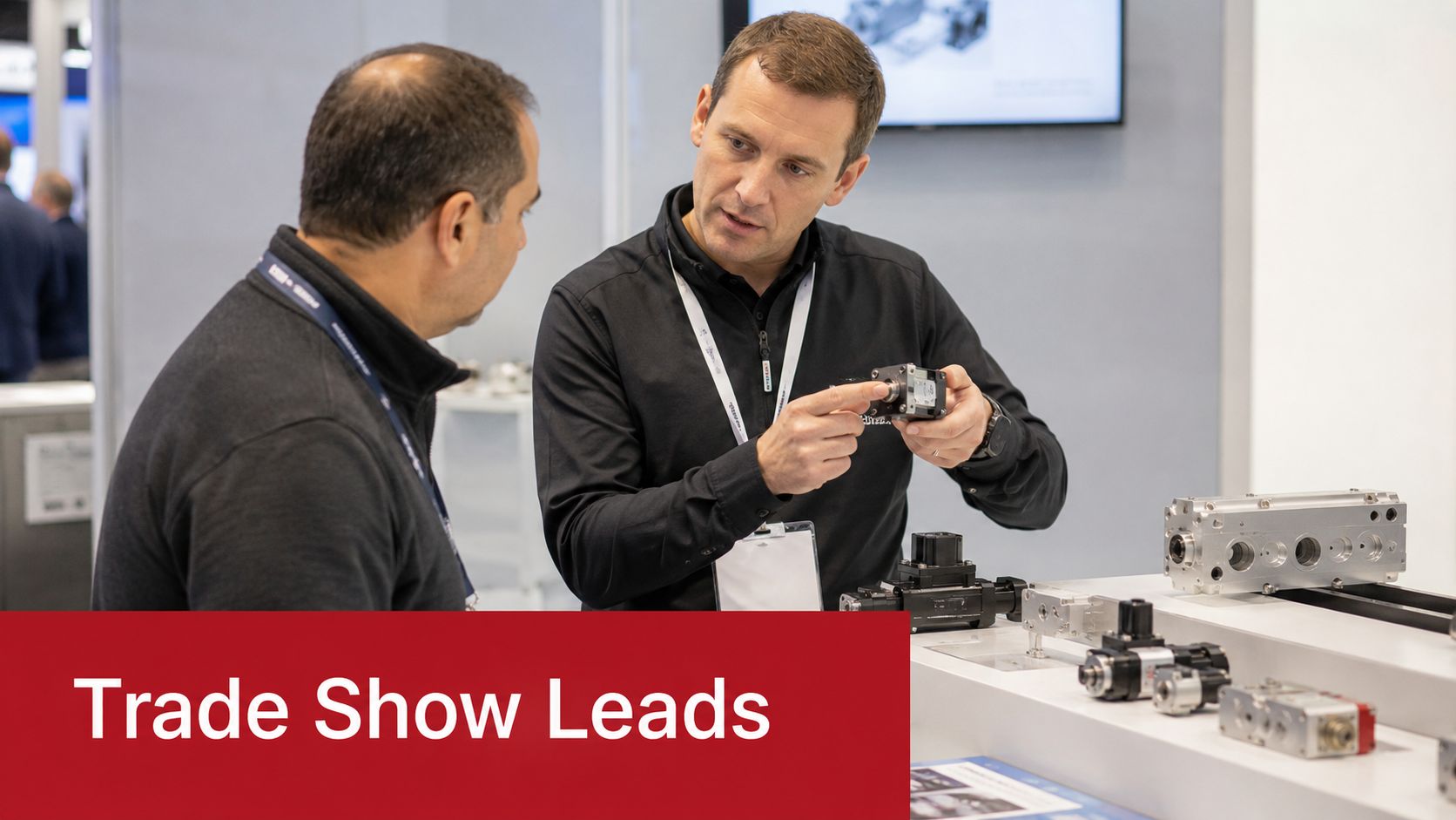 A professional man explaining industrial mechanical components to a client at a business trade show booth.