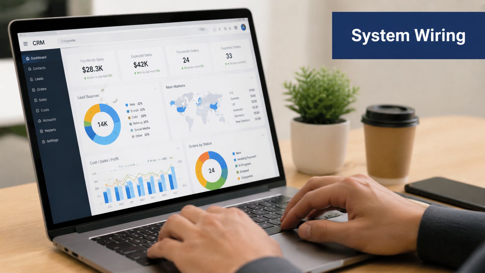 A professional working on a laptop displaying a CRM dashboard with data visualizations, sales charts, and statistics.