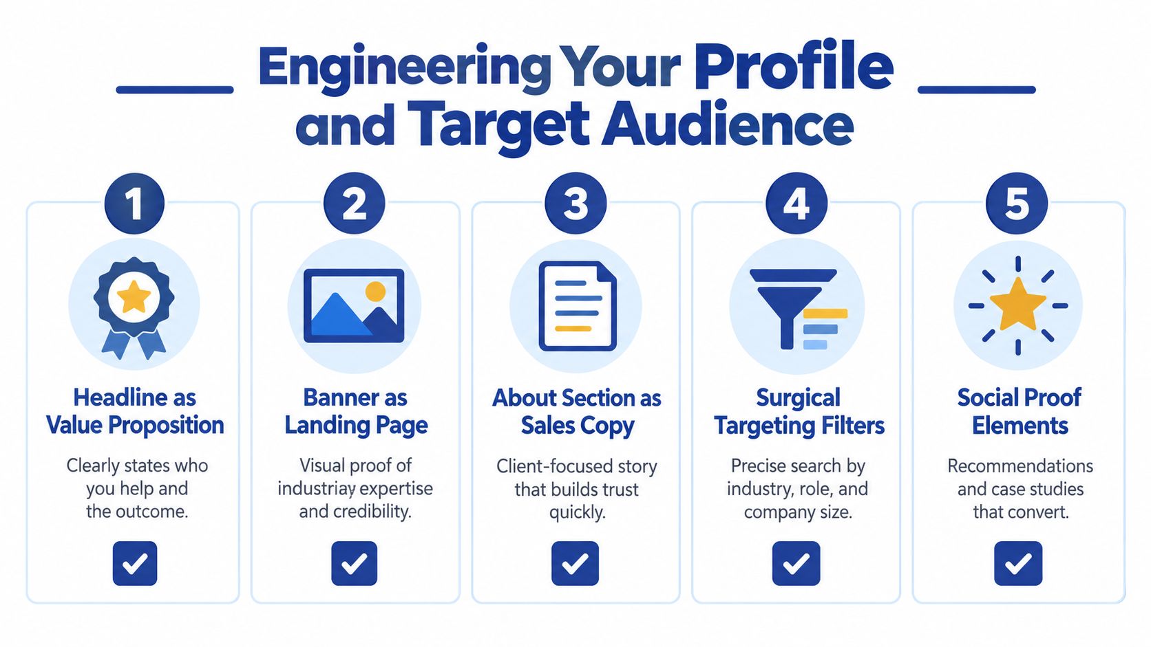A five-step infographic showing how to engineer a professional LinkedIn profile for better target audience engagement.