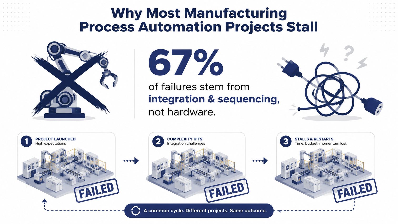 An infographic showing that 67 percent of manufacturing automation projects fail due to integration and sequencing issues.