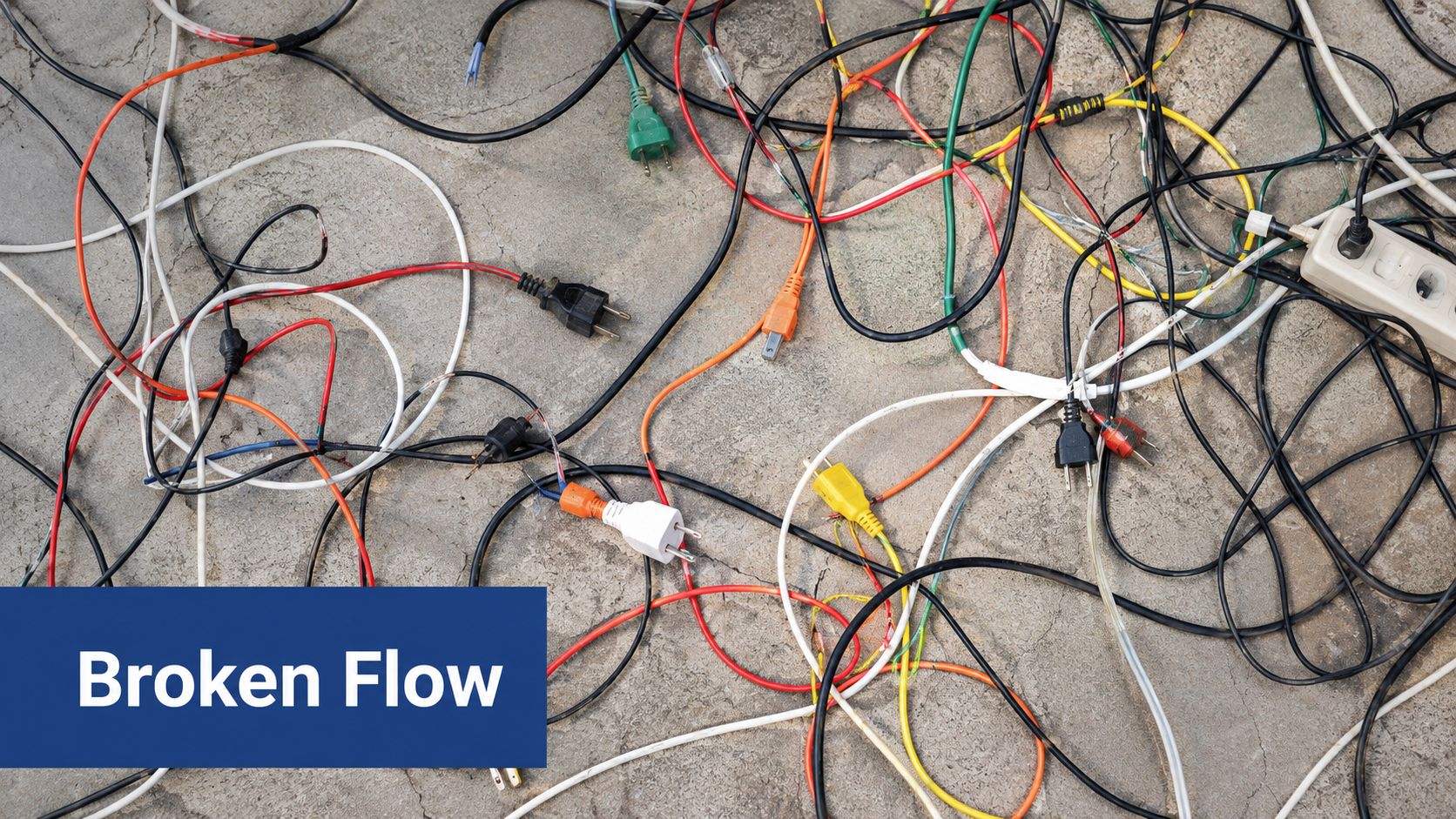 A chaotic tangle of colorful electrical power cords and cables spread across a gray concrete floor surface.