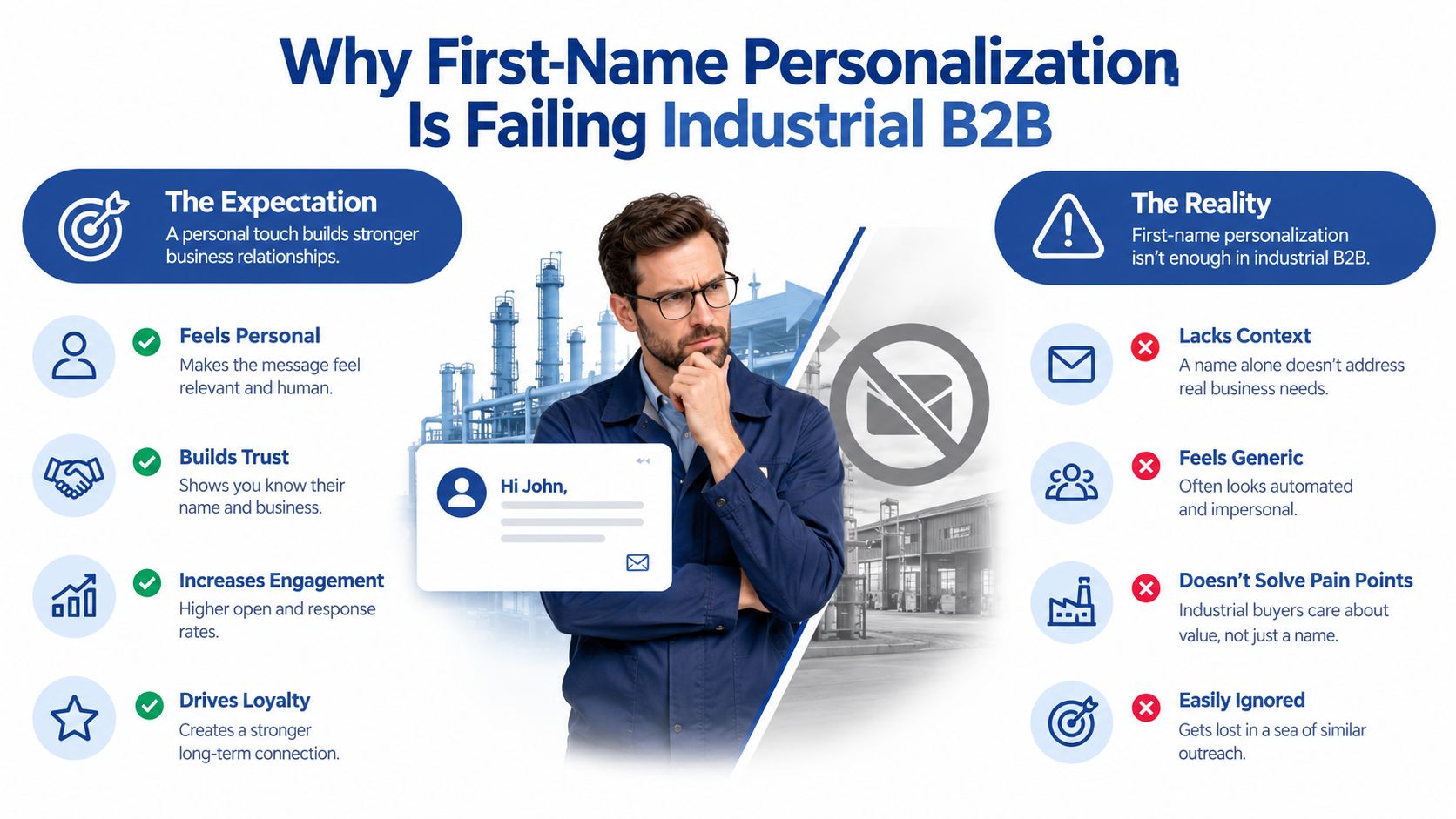 An infographic illustrating why first-name email personalization is ineffective for industrial B2B marketing strategies.
