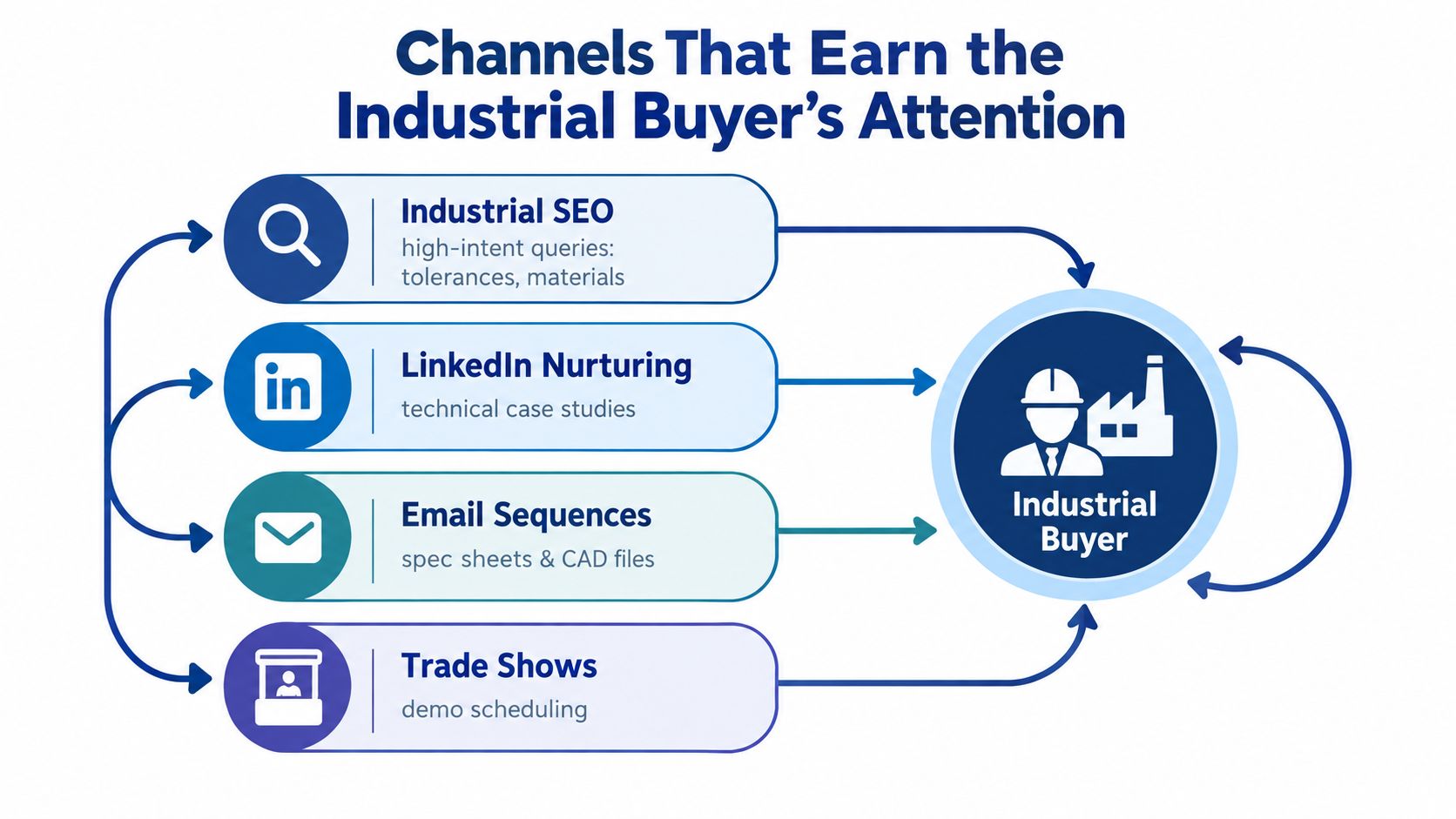A diagram illustrating four digital marketing channels used to capture the attention of an industrial buyer.