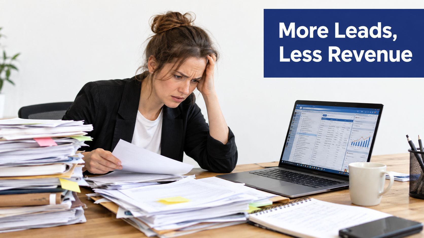 A stressed woman working at her desk with piles of paperwork and a laptop screen displaying data.