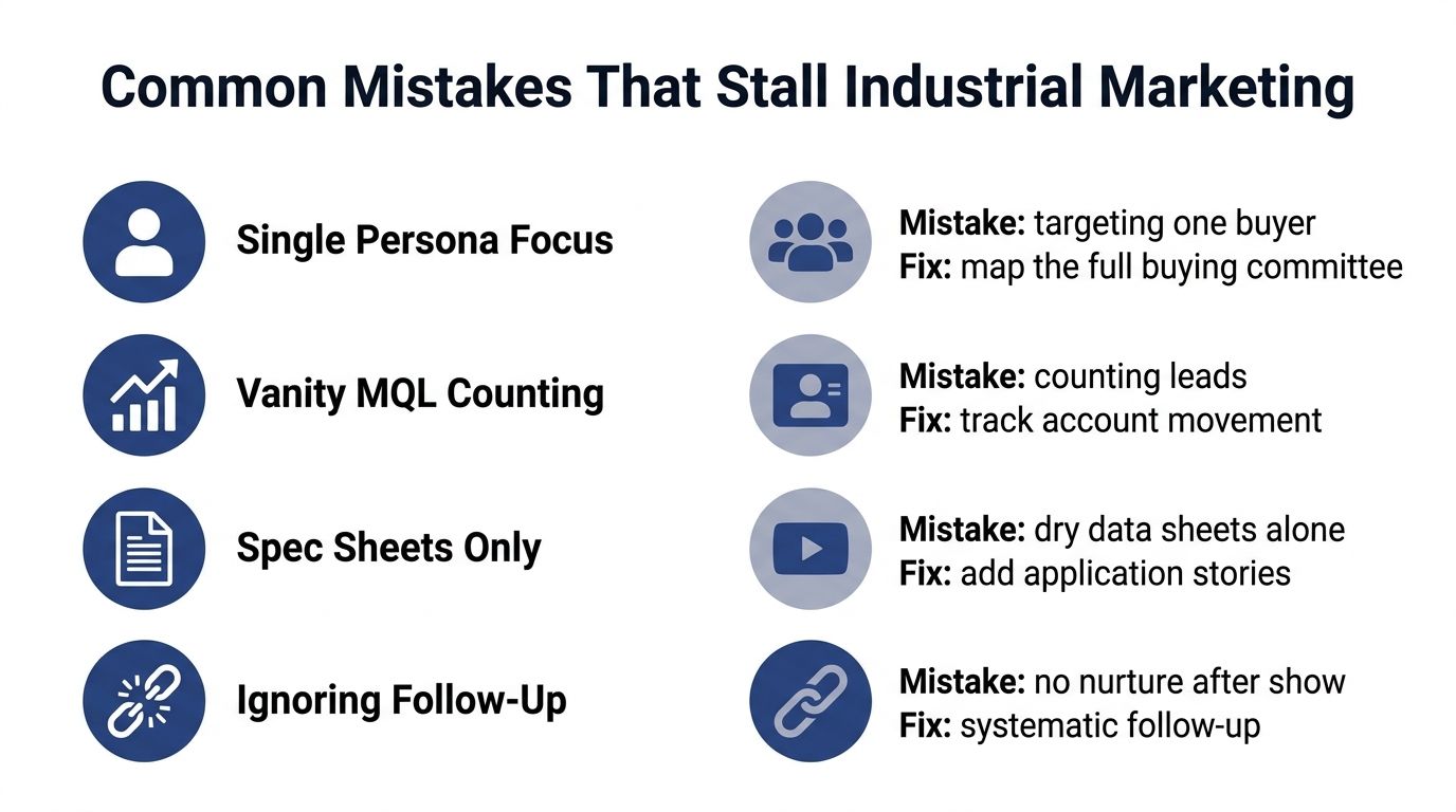 A graphic listing four common industrial marketing mistakes, including single persona focus and ignoring follow-up strategies.