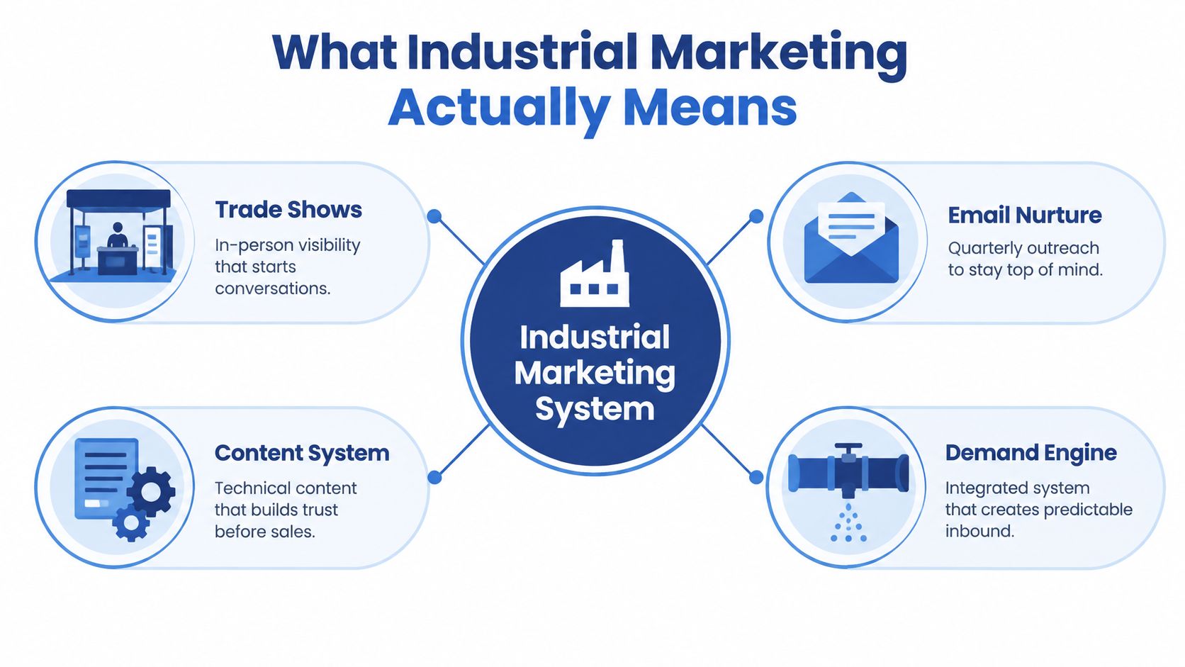 An infographic showing four key components of an industrial marketing system: trade shows, email nurture, content system, and demand engine.